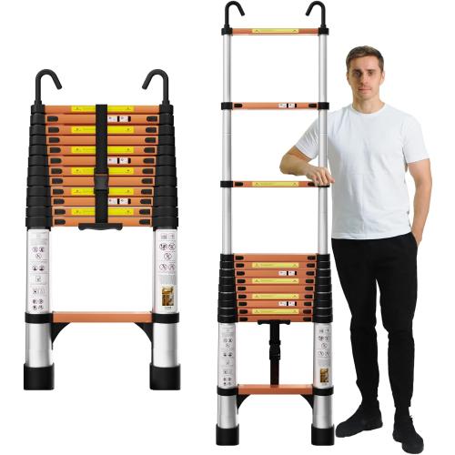 EvaStar 12.5FT Telescoping Ladder, Aluminum Lightweight Extension Ladder w/Hooks & Stabilizers, 330lbs Capacity Collapsible Ladders, Extension Telescopic Ladder for Home, Outdoor, RV - Orange & Silver