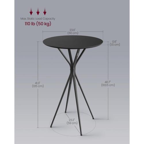 VASAGLE Bar Table, Round Cocktail High Top Pub Bistro Table for Events Party, Kitchen Dining, Home Bar, 23.6 x 23.6 x 41.3 Inches, Sturdy Metal Frame, Modern Style, Easy to Assemble, Black