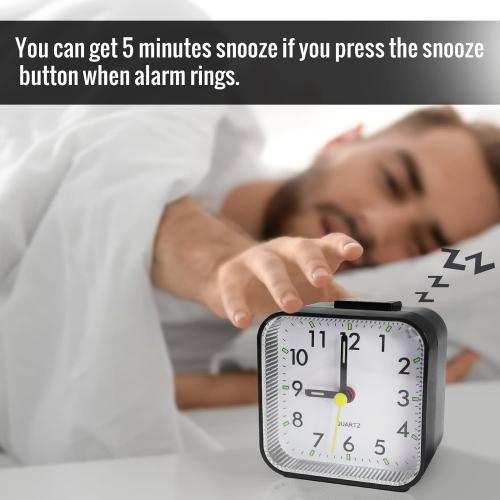 Small Analog Travel Alarm Clock, Battery Operated Desk Table Shelf Clock for Kids, Quieter Bedside Alarm Clocks for Bedrooms Bathroom Living Room Kitchen, Black