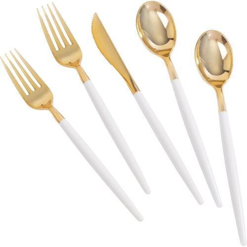 MirthMood Gold Plastic Silverware,Gold Silverware Disposable,Disposable Utensils Heavy Duty,Plastic Cutlery Set,Includes: Knives, Forks and Spoons for Party, Birthday,Wedding