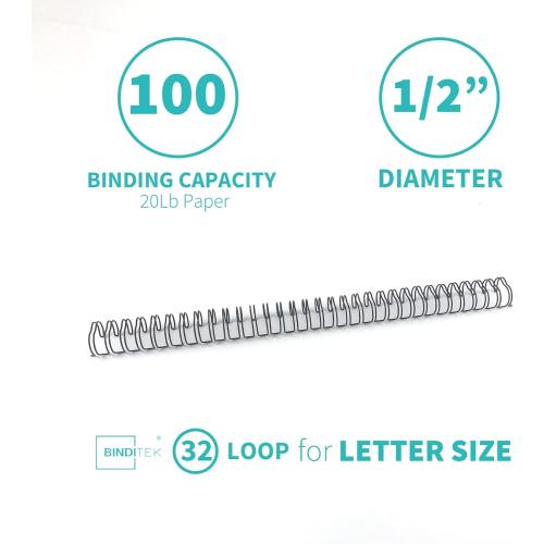 Binditek 100 Pack Double Loop Wire Binding Spines, 1/2Inch Binding Wire for Letter Size, 3:1 Pitch, 100 Sheet Capacity, 32-Loop, Black, for Students and Coworkers