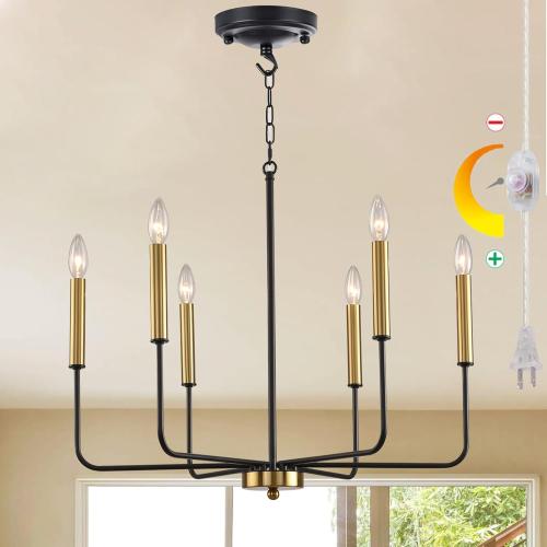 HOXIYA DIMMABLE Plug in Chandelier with Cord 25.6, Black and Gold 6 Light Modern Farmhouse Chandelier for Dining Room, Rustic Retro Hanging Ceiling Lighting Pendant Light Outdoor Gazebo Porch Bedroom