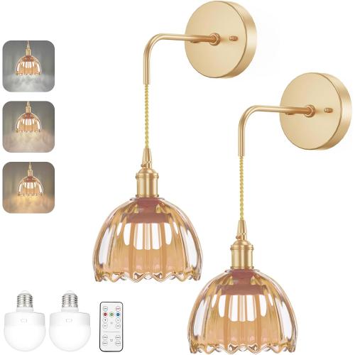 Battery Operated Wall Sconces CCT Dimmable Wireless Sconces Set of 2, Vintage Light Fixture with Amber Tulip Glass Lampshade Wall Decor Set of 2 for Living Room Bedroom Bedside Bathroom