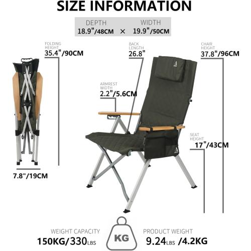 Reclining Camping Chair, Heavy Duty Folding Chairs with 4-Stage Adjustable High Back for Adults, Compact Foldable Outdoor Patio Reclining Chair with Storage Bag (Green, 1 Pack)