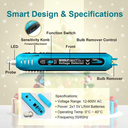 allsun Christmas Light Tester with 50pcs 2.5V Bulbs, Non-Contact Voltage Tester and Repair Tool, 12-600Vac Christmas Tree Light Tester for Holiday String Lights, Bulb and Fuse Checker