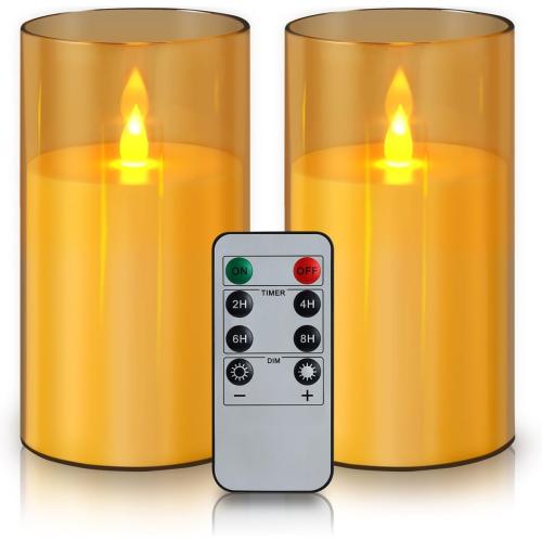wemarry Flameless Candles Acrylic Glass Pillars 3 D x 6 H Battery Operated Flickering Candles Include 8-Key Remote with Timer Function 400  Hours (Amber, Warm Light 2 Pack)