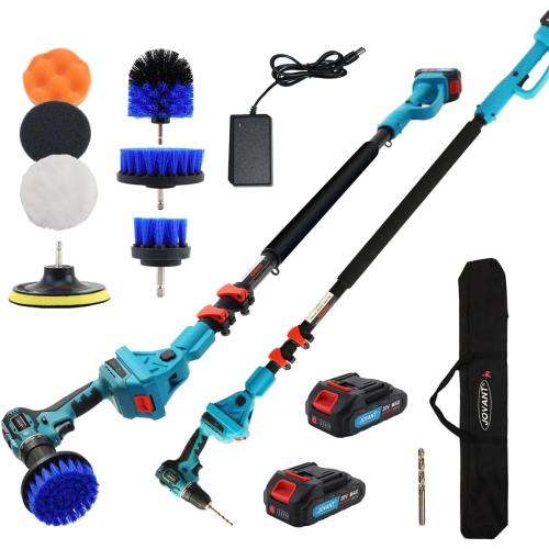 (Missing drill bit) 2-in-1 Cordless Telescoping Pole Drill, 20V Max Power Drill Cleaning Tool with 2 Batteries & 2.0A Charger, 5.3-15FT 180° Adjustable Extension Pole, Comes with 7 Pieces Drill Brush Attachments
