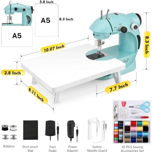 Magicfly Mini Sewing Machine with Extension Table, Dual Speed Portable Sewing Machine for Beginners with Light, Sewing Kit for Household Use, Blue