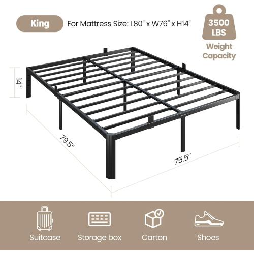 Metal Bed Frame King Size, 14 Inch Heavy Duty Platform Bedframe, Noise Free | Steel Slats, No Box Spring Needed, Easy Assemble, Squeak Resistant, Headboard Compatible, Storage Space, Mattress Stoppers