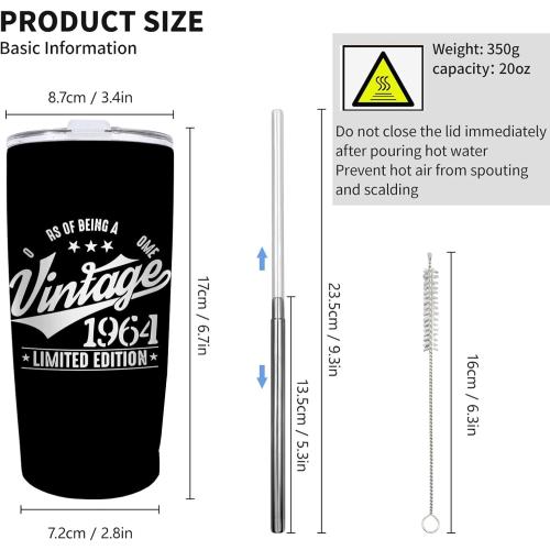 Vintage 60 Year Of Being Awesome Tumbler Coffee Tumbler 20 oz Tumbler with Lid and Straw Insulated Tumblers Stainless Steel Tumblers Funny Gifts for Women