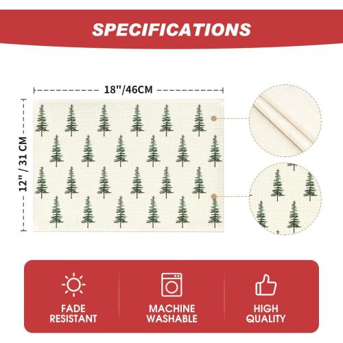 Artoid Mode Green Xmas Pine Christmas Placemats Set of 4, 12x18 Inch Seasonal Christmas Table Mats for Party Kitchen Dining Decoration
