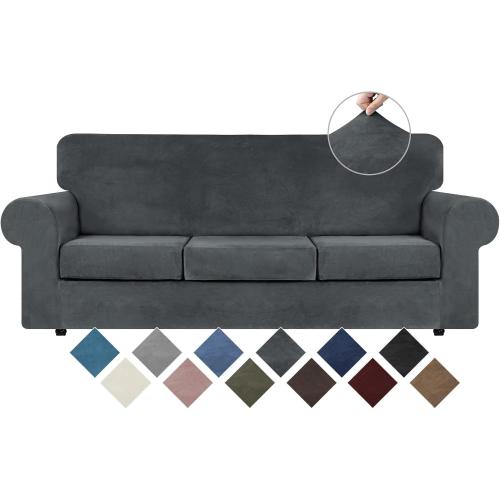 WEERRW 4 Pieces Velvet High Stretch Couch Covers for 3 Cushion Sofa Slipcovers, Washable Furniture Protector with Non Slip Elastic Bottom, Feature Soft and Thick Plush Fabric, Dark Grey, Large