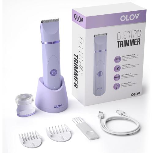 OLOV Electric Body Hair Trimmer - Groin Trimmer for Men - Bikini Trimmer Women - Wet/Dry Shaver Groomer, Replaceable Ceramic Blade Heads, USB Recharge Dock, Waterproof Hygiene Razor,Purple