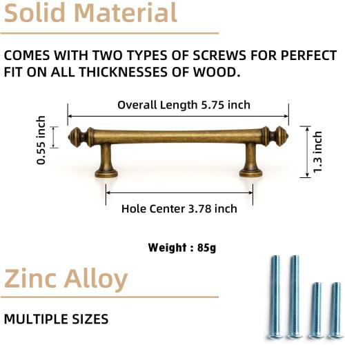 Goo-Ki 6 Pack 3-3/4 in（96mm） Hole Center Cabinet Pulls Antique Brass Zinc Alloy Kitchen Drawer Pulls Drawer Handles 9618-GT-96