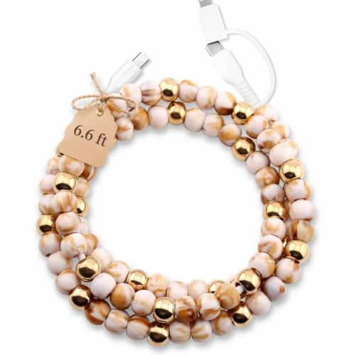 Stylish Beaded Phone Charger Cable Colors USB Charging Cord for Smartphones (2-1 to USB C, Marble & Gold)