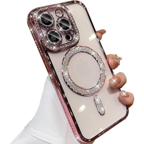 for iPhone 16 Pro Max Case Magnetic, [Compatible with MagSafe] Women Cute Clear Glitter Bling Diamond Rhinestone Sparkly Case Camera Lens Protectors Plating Cover for iPhone 16 Pro Max (Pink)