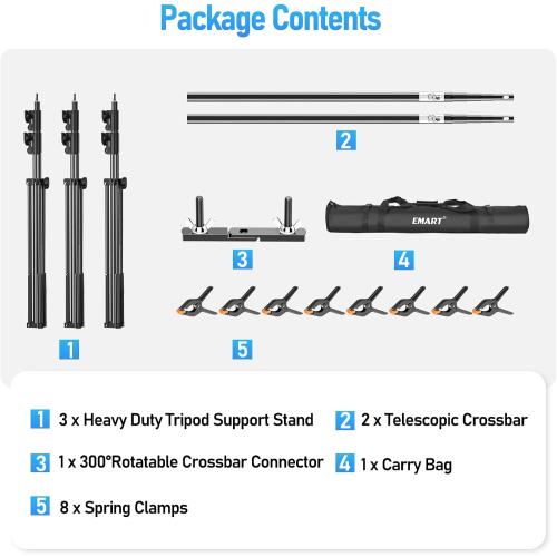 EMART Back Drop Adjustable Stand, 10x20 Backdrop Stand Heavy Duty Photography Background Support System Kit with 300° Angle Rotatable Connector and 8 Spring Clamps for Parties, Wedding, Photo Studio