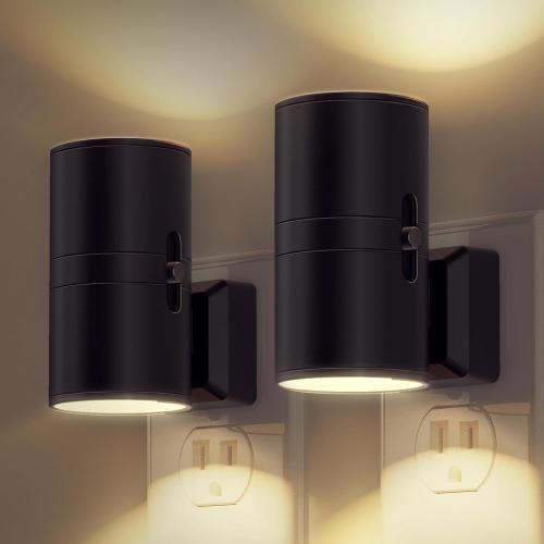 Black 2 Pack L LOHAS LED Night Light Plug in, Modern Night Lights Plug into Wall, Dusk to Dawn Sensor, Soft White 3000K, 0-100LM Adjustable Brightness, Dimmable Night Lights for Hallway Bedroom Stairway, 2 Pack