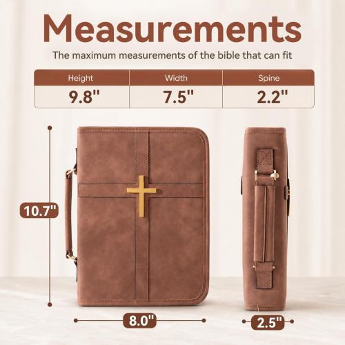 PU Leather Bible Cover, Men & Women, Cross Design & Pockets, Brown