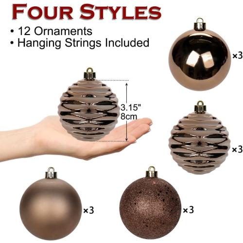 3.15 Christmas Ball Ornaments Brown 12 Pcs Shatterproof Christmas Tree Decorations Xmas Tree Medium Christmas Ornaments Balls with Hanging Loop for Halloween Wedding Holiday Party Wreath Home Decor