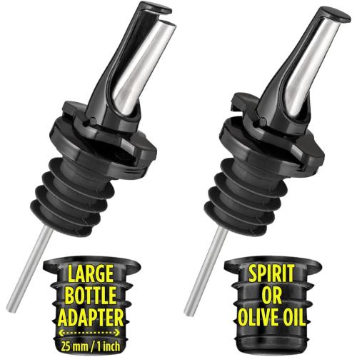 3-in-1 Liquor Pour Spout | Olive Oil Spout with Built-in Caps for Optimal Fly and Dust Protection - Dishwasher Safe, Hygienic Alcohol Speed Spouts - Black 2 PCs with 2 Adapters for Large Neck Bottles
