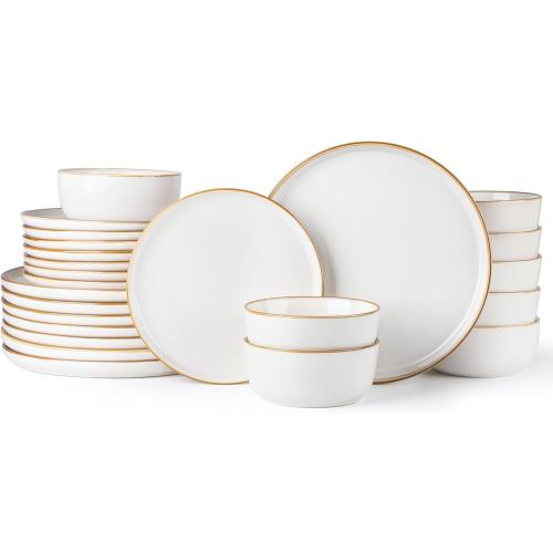 GBHOME Ceramic Dinnerware Sets for 8, 24 Pieces Stoneware Plates and Bowls Sets, Scratch Resistant Dishes, Dishwasher & Microwave Safe, Reactive Glaze-Pearl White