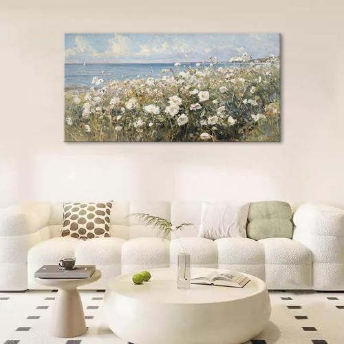 large Canvas Wall Art Coastal Flowers Wall Painting Beach Floral 3d Textured Picture Landscape Wildflowers Artwork Prints Seascape Aesthetic Artwork for Living Room Office Home Decoration 24x48