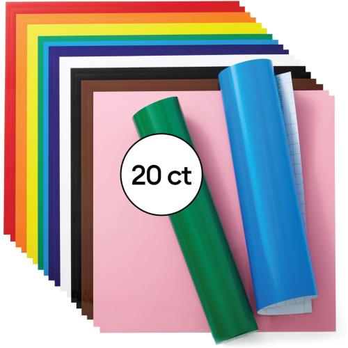Cricut Vinyl Permanent - Rainbow Sampler, 12x12 Vinyl Sheets, Create Long-Lasting DIY Projects, Durable Adhesive Vinyl for Cricut Machines, (Pack of 20 with 10 Colors)