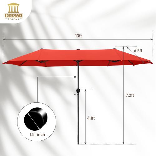 HERA'S PALACE 13 ft Large Patio Umbrella, Double-Sided Twin, Outdoor Market Umbrella with Crank Handle, Powerful UV Protective, Orange Red