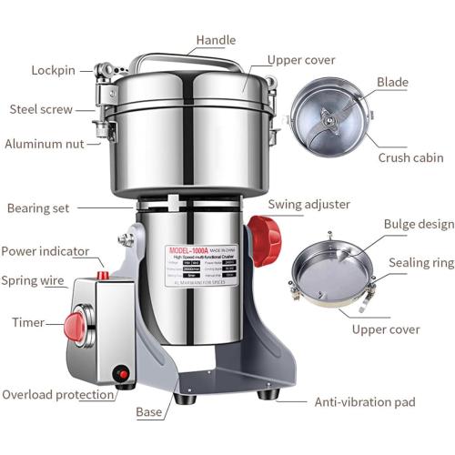 Electric Grain Grinder Mill 1000g High-speed Spice Herb Mill Commercial Powder Machine for Dry Cereals Grain Herb Spice Coffee Corn Bean (1000g Stand Type)