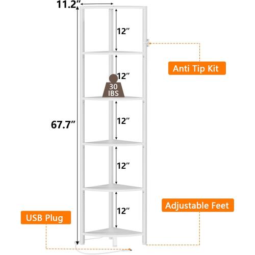 Furnulem 6 Tier Corner Shelf with LED Light, 67.5” Tall Standing Shelf Organizer, White Narrow Bookshelf with Storage Rack for Wall Corner, Living Room, Bedroom, Metal Frame, Wood Display Shelf