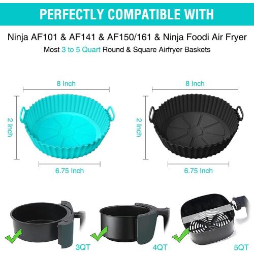 Teal and Black 2 pack Silicone Air Fryer Liners for Ninja AF101 4QT AF141 5QT AF150 AF161 XL MAX for Ninja Foodi and Most 3-5 Quart Airfryers, Air Fryer Oven Microwave Accessories, Better than Disposable Paper Liner