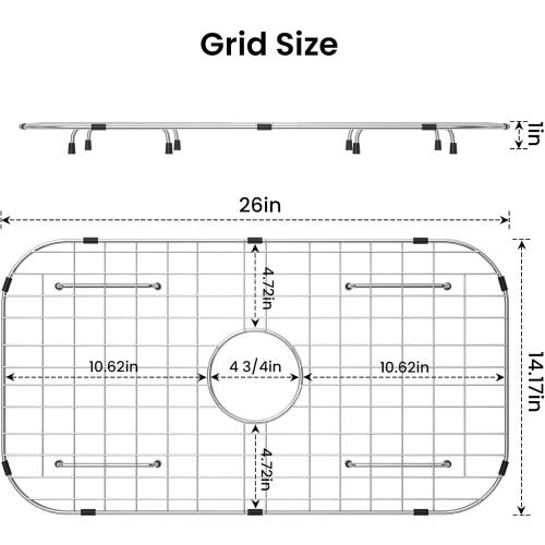 Sink Protector Grid 26-1/16 x 14-1/16,Centered Drain with Corner Radius 3-1/2, Stainless Steel Material(Centered Drain)