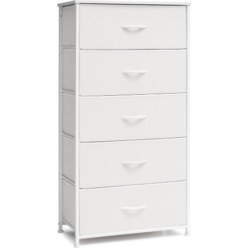 Crestlive Products Tall Dresser for Bedroom Vertical Storage Tower - Wide Fabric Dresser & Chests of Drawers for Closet, Hallway, Entryway w/Wood Top, Easy Pull Fabric Bins - 5 Drawers(White)‼️2 drawers are out of packaging light dirt all hardware may not be included‼️