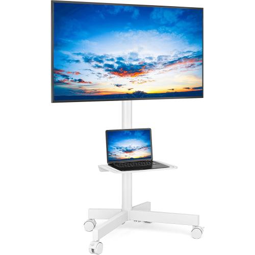 Rfiver Mobile TV Stand for 23-60 Inch LCD LED Flat/Curved Panel Screen TVs up to 88 lbs, Rolling TV Stand with Adjustable Shelf & Tilt, Portable Floor Stand on Wheels for Bedroom, Living Room, White