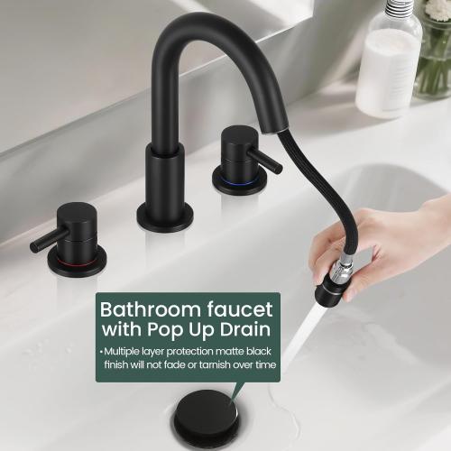 Pull Down Bathroom Faucet for Sink 3 Hole,8 inch Widespread Matte Black Bathroom Sink Faucet with Pop Up Drain, Water Supply Hoses