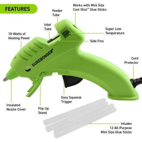 Surebonder 10W Ultra Low Temp Cool Shot Mini Glue Gun Kit with 12 Glue Sticks, Bonds Delicate Materials Like Paper, Fabric, Foam, Balloons - Clear