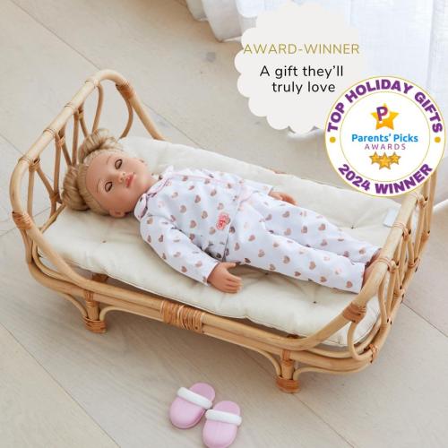 BEBE BASK Large Premium Rattan Doll Bed - Handcrafted & Award-Winning - - Fits American Girl & Our Generation - Luxe Mattress - Baby Photoshoot Props (Large)