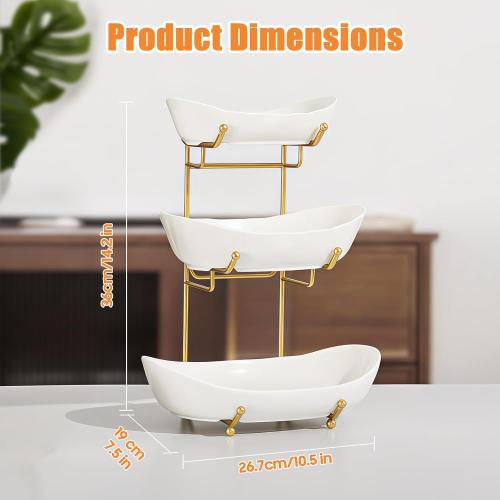 Ceramic Fruit Bowl for Kitchen Counter - 3 Tier Fruit Basket with Metal Stand, Tiered Fruit Stand for Countertop, Snack, Nuts, Cake, Dessert, Cute (Gold, Small) 1
