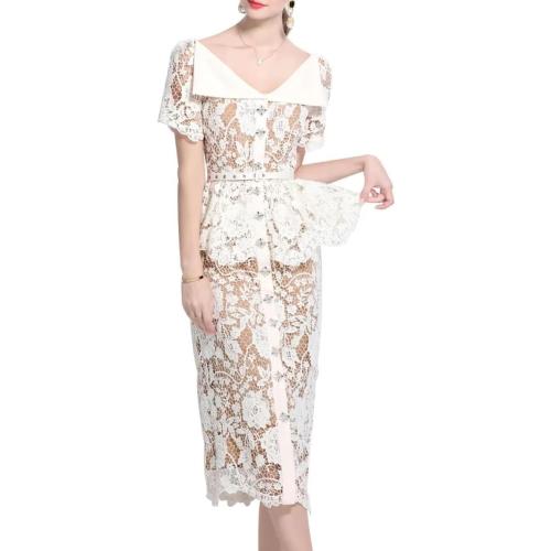 Women Beaded Embroidery Beige White Lace Evening Short Sleeve Ruffle Peplum Midi Prom Long Dress size M