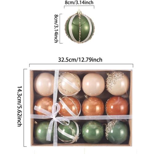 12 Pcs Christmas Ball Ornaments Set Brown Green Champagne Luxury Neutral Shatterproof Christmas Tree Decorations 3.15 Inch Glittering Decorative Hanging Ornament Bulk for Xmas Tree Holiday Party Decor