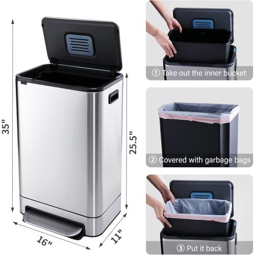 Size 13.2 gallon Kitchen Trash Can - ELPHECO - 13.2 Gallon Stainless Steel Garbage Bin with Soft Slow Lid, 50 Liter Pedal Trash Can, Durable Pedal, Removable Plastic Inner Bucket Waste Bin for Office, Kitchen, Outside