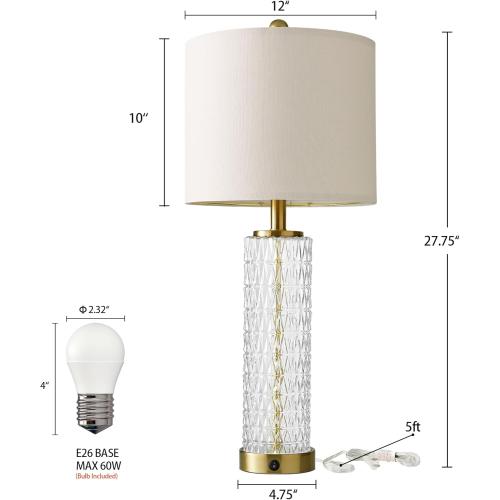 Oneach 27.75” Table Lamps Set of 2, Gold Modern Bedside Lamp with LED Night Light, USB A C, Glass Lamps for Living Room, Bedroom, Nightstand, Office, End Table (2 Bulbs Included)