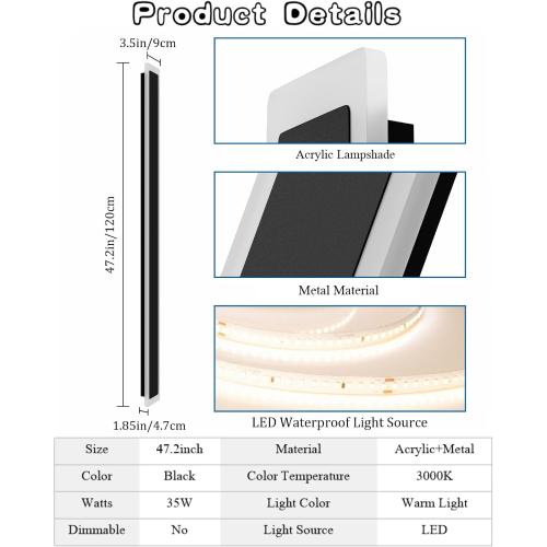 2 Pack 47.2In Long Outdoor Wall Light IP65 Waterproof,35W Black Modern LED Exterior Wall Sconce 3000K Linear Wall Mount Lighting for House Porch Courtyard