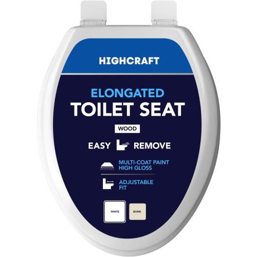 HIGHCRAFT Premium Elongated Toilet Seat with Adjustable Hinges & Quick Removal Mechanism - Molded Wood Toilet Seat - Fits Standard Elongated Toilets - Oval Seat in White