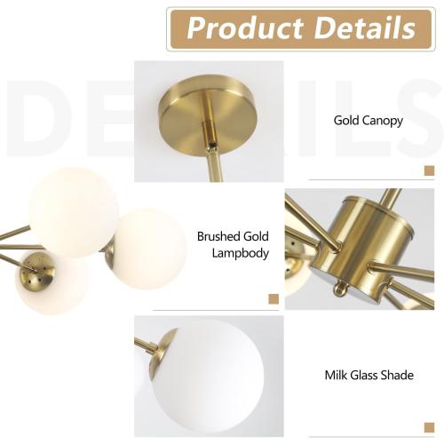 KCO 6-Light White Milk Glass Chandelier Brass Gold Sputnik Ceiling Light | E26 Bulb Included, Adjustable Height for Sloped Ceiling, Mid Century Modern Pendant Light for Dining Room Kitchen Living Room