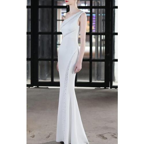 MTVOPN Women's One Shoulder Beaded Floor-Length Mermaid Satin Evening Dress size large