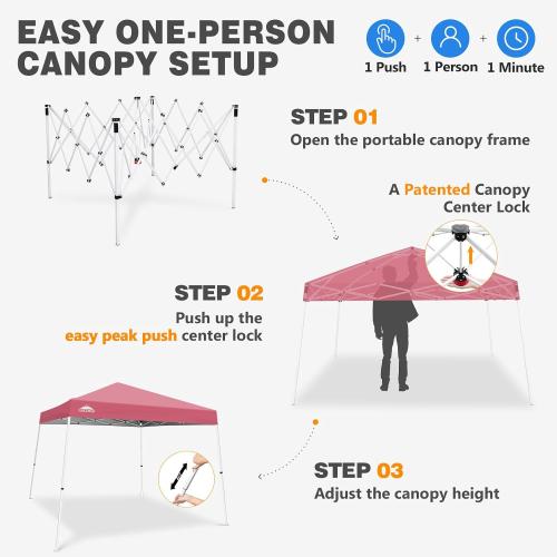 EAGLE PEAK 10x10 Slant Leg Pop Up Canopy Tent, Peach Pink | PeakPush™ Center Lock, Easy 1 Person Setup Pop Up Tent, Portable Sports & Camping Shelter, 10x10 Base 8x8 Top, Carry Bag