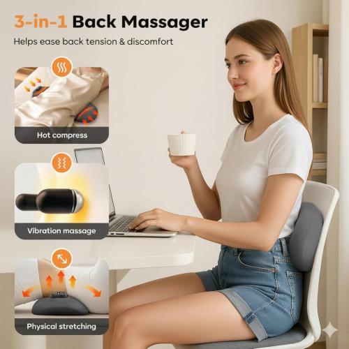 3 in 1 Back Massager for Spine and Lower Back, Electric Lumbar Massager with Heat, Spine Massage Pillow with Traction Support for Home and Office Comfort (Grey)
