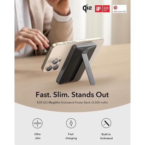 ESR for MagSafe Power Bank, Kickstand 6,000mAh MagSafe Portable Charger 0.6 in, Qi2 Certified 15W Ultra-Fast Battery Pack, 20W USB-C MagSlim Charger with Cable
